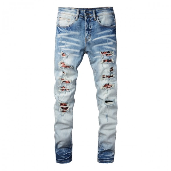 #834 Amiri black and red patch hole jeans blue