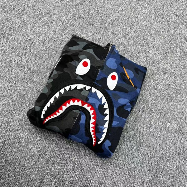 [Best Quality] 1:1 Bape Shark half camo hoodie zip-up pullove blue grey