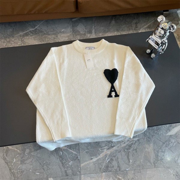 Ami White Crewneck Sweater With Black Hearts