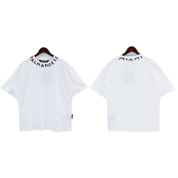 Palm Angels Collar Letters Print T-Shirts Black White Khaki